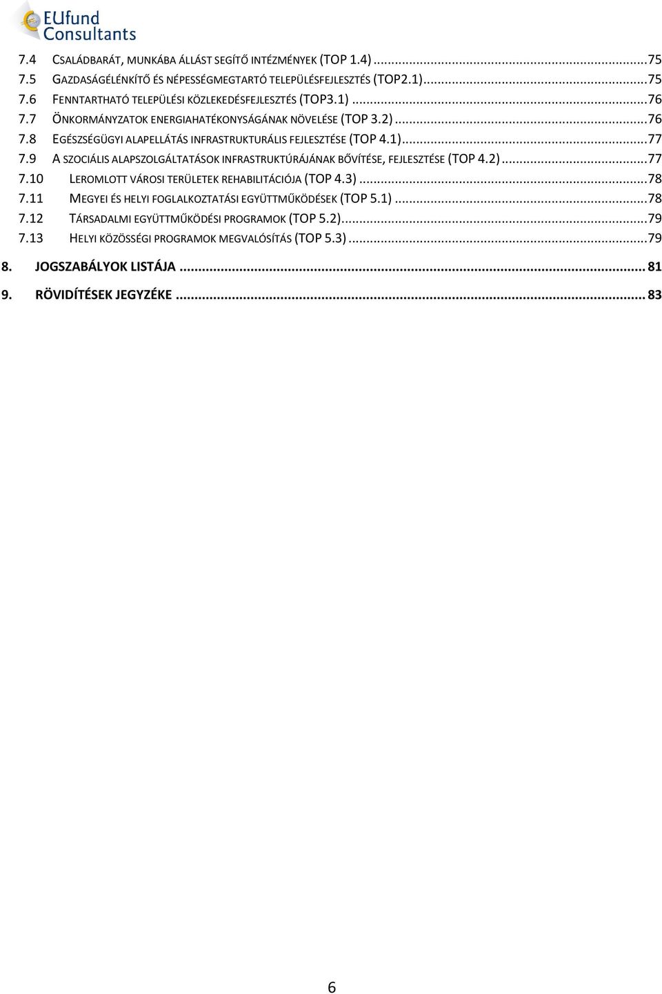 9 A SZOCIÁLIS ALAPSZOLGÁLTATÁSOK INFRASTRUKTÚRÁJÁNAK BŐVÍTÉSE, FEJLESZTÉSE (TOP 4.2)... 77 7.10 LEROMLOTT VÁROSI TERÜLETEK REHABILITÁCIÓJA (TOP 4.3)... 78 7.