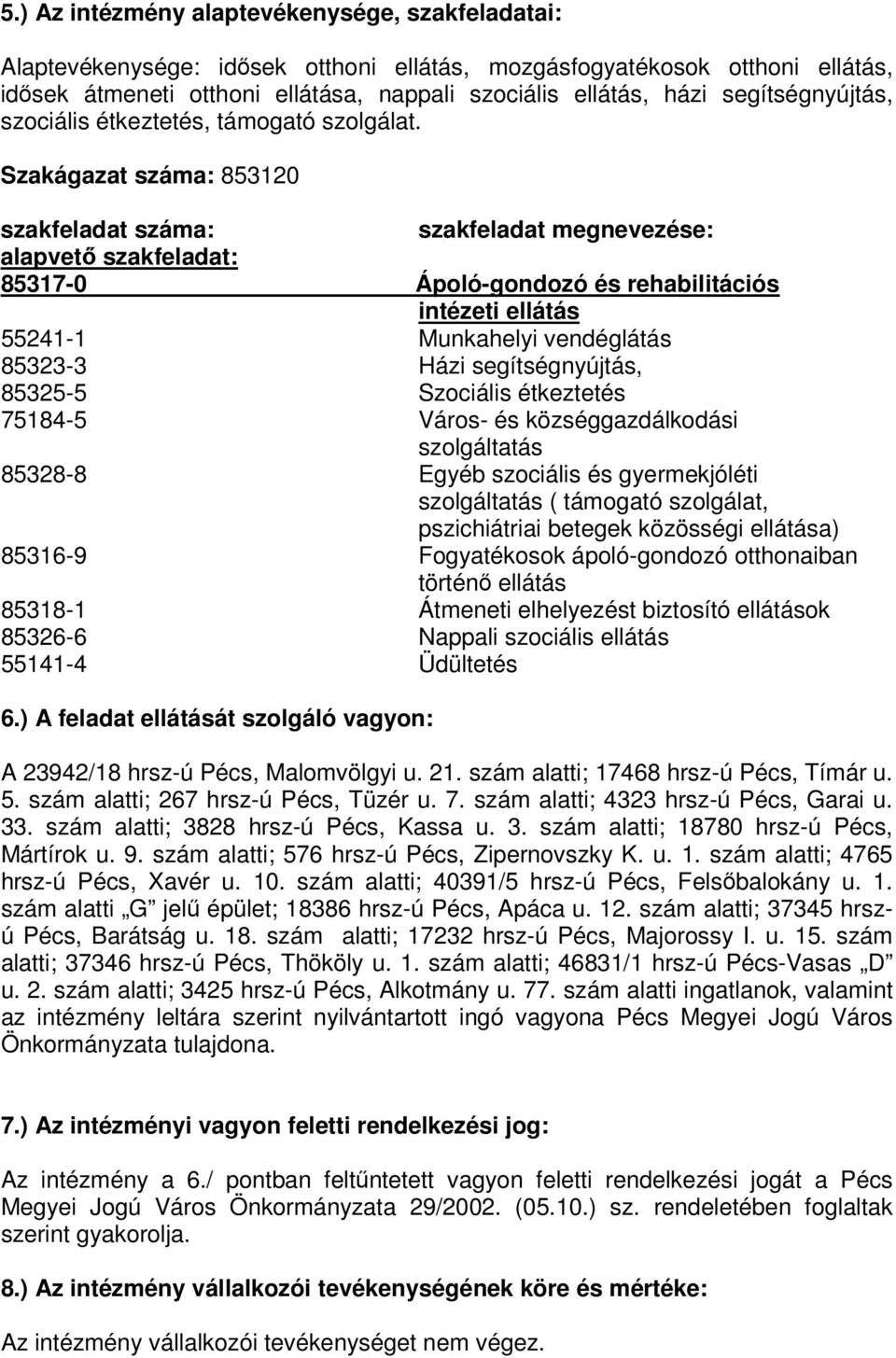 Szakágazat száma: 853120 szakfeladat száma: szakfeladat megnevezése: alapvető szakfeladat: 85317-0 Ápoló-gondozó és rehabilitációs intézeti ellátás 55241-1 Munkahelyi vendéglátás 85323-3 Házi