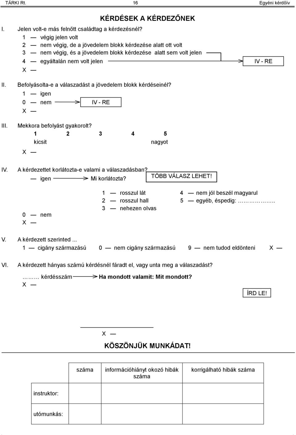 Befolyásolta-e a válaszadást a jövedelem blokk kérdéseinél? 1 igen 0 nem IV - RE Mekkora befolyást gyakorolt? 1 2 3 4 5 kicsit nagyot IV. A kérdezettet korlátozta-e valami a válaszadásban?