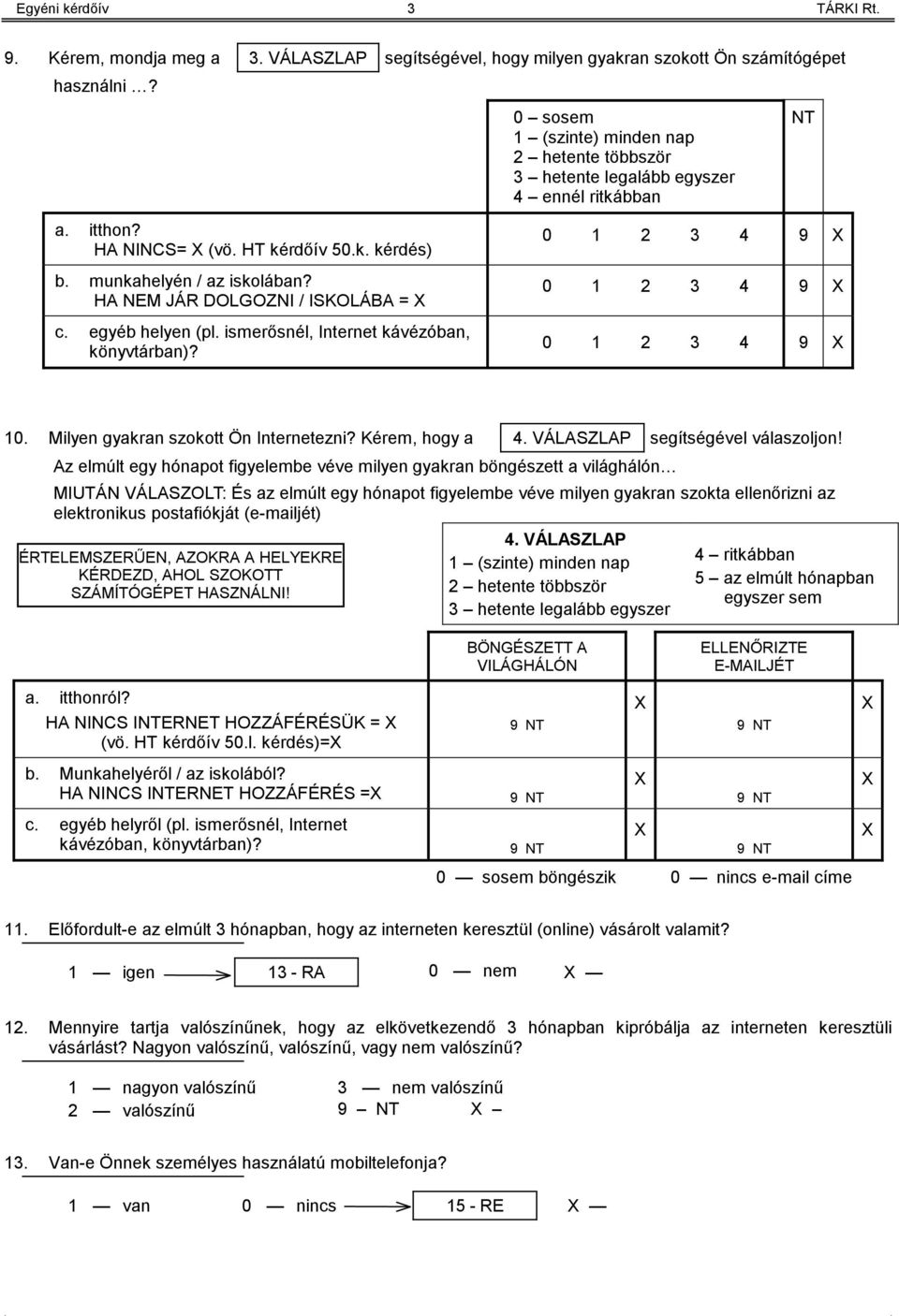 HA NEM JÁR DOLGOZNI / ISKOLÁBA = c. egyéb helyen (pl. ismerősnél, Internet kávézóban, könyvtárban)? 0 1 2 3 4 9 0 1 2 3 4 9 0 1 2 3 4 9 10. Milyen gyakran szokott Ön Internetezni? Kérem, hogy a 4.