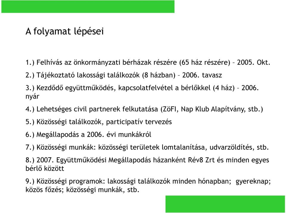 ) Közösségi találkozók, participatív tervezés 6.) Megállapodás a 2006. évi munkákról 7.) Közösségi munkák: közösségi területek lomtalanítása, udvarzöldítés, stb. 8.