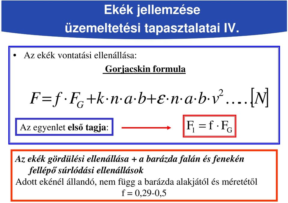 1 = f FG Az ekék gördülési ellenállása + a barázda falán és fenekén fellépő