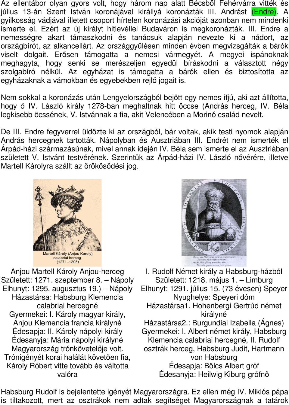 Endre a nemességre akart támaszkodni és tanácsuk alapján nevezte ki a nádort, az országbírót, az alkancellárt. Az országgyűlésen minden évben megvizsgálták a bárók viselt dolgait.