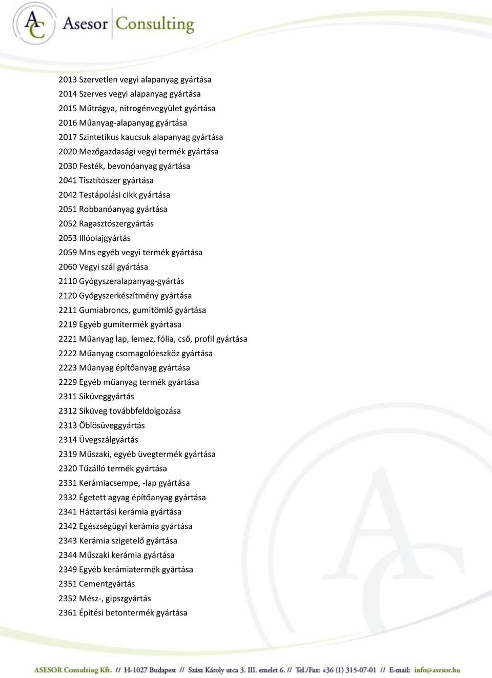 Illóolajgyártás 2059 Mns egyéb vegyi termék gyártása 2060 Vegyi szál gyártása 2110 Gyógyszeralapanyag-gyártás 2120 Gyógyszerkészítmény gyártása 2211 Gumiabroncs, gumitömlő gyártása 2219 Egyéb