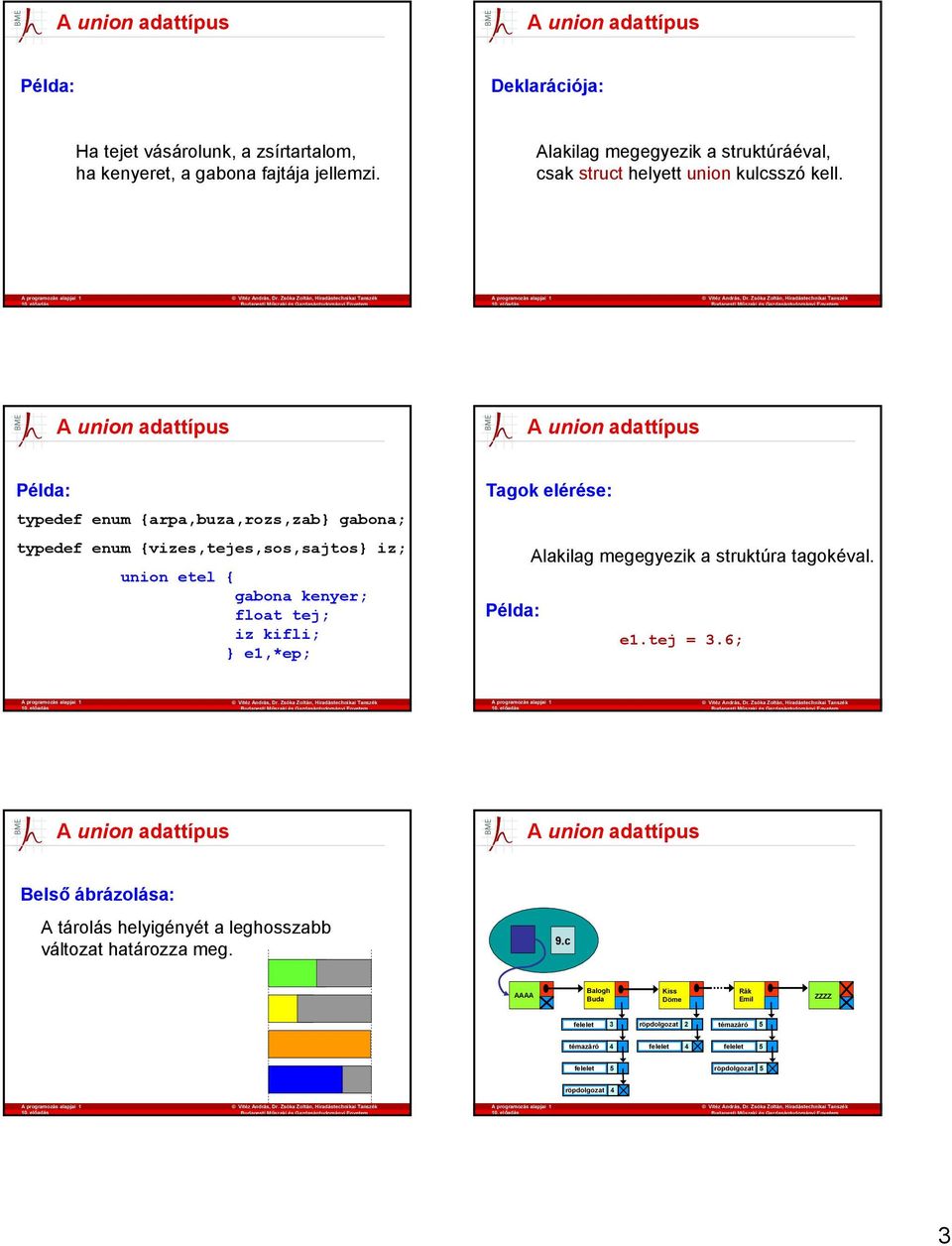 typedef enum {arpa,buza,rozs,zab gabona; typedef enum {vizes,tejes,sos,sajtos iz; union etel { gabona kenyer; float tej; iz kifli; e1,*ep; Tagok