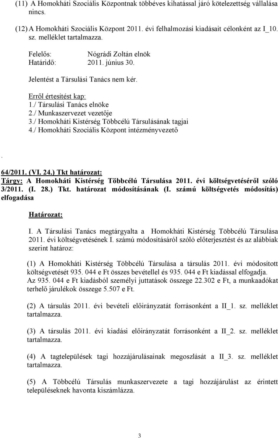 ) Tkt határozat: Tárgy: A Homokháti Kistérség Többcélú Társulása 2011. évi költségvetéséről szóló 3/2011. (I. 28.) Tkt. határozat módosításának (I. számú költségvetés módosítás) elfogadása I.