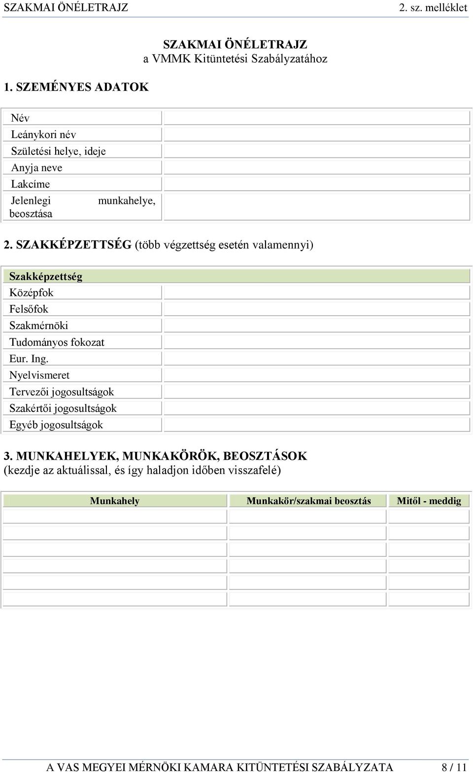 Szabályzatához 2. SZAKKÉPZETTSÉG (több végzettség esetén valamennyi) Szakképzettség Középfok Felsőfok Szakmérnöki Tudományos fokozat Eur. Ing.