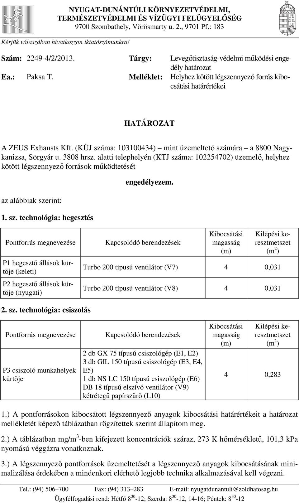 (KÜJ száma: 103100434) mint üzemeltető számára a 8800 Nagykanizsa, Sörgyár u. 3808 hrsz.