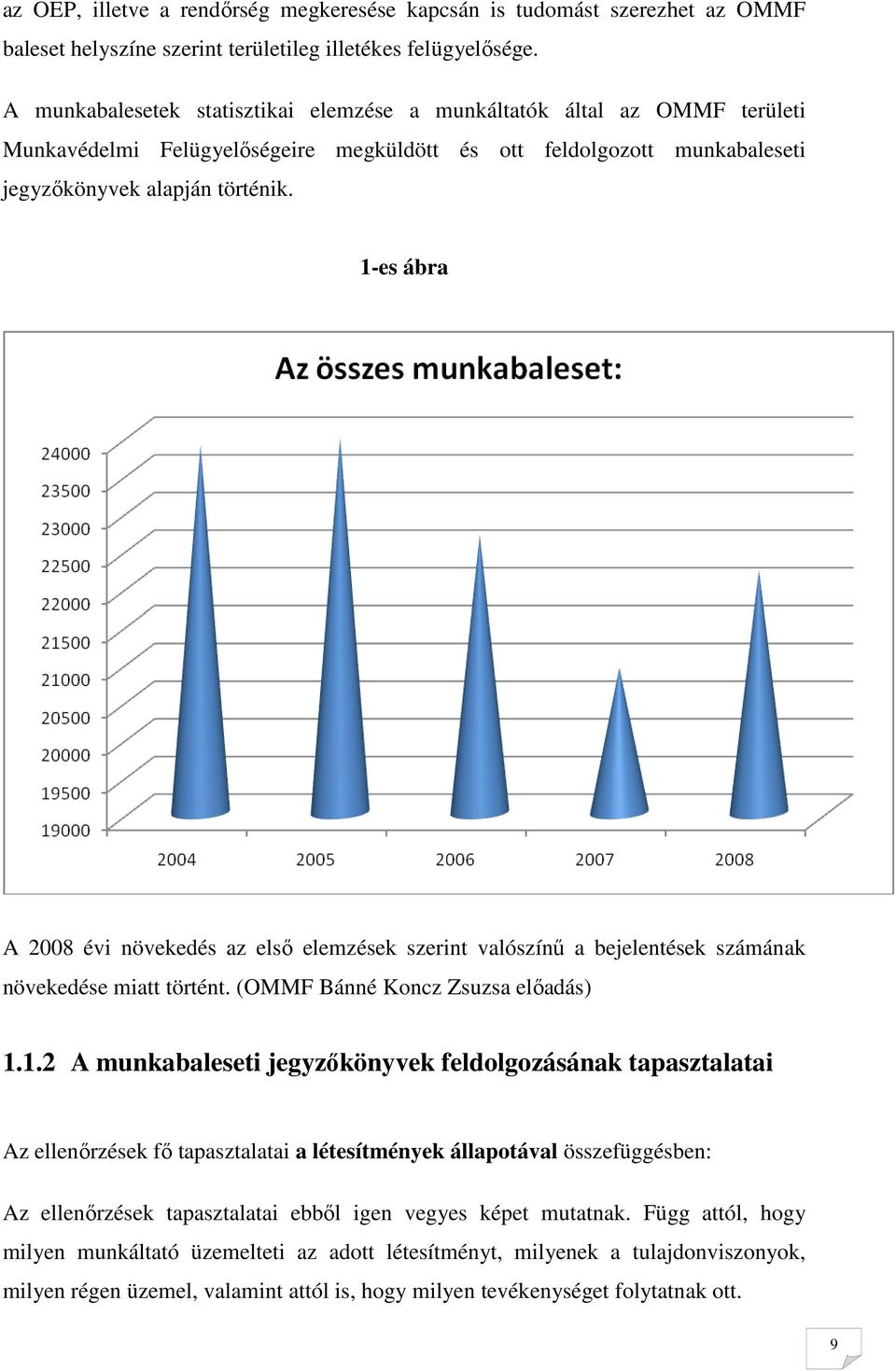1-es ábra A 2008 évi növekedés az elsı elemzések szerint valószínő a bejelentések számának növekedése miatt történt. (OMMF Bánné Koncz Zsuzsa elıadás) 1.1.2 A munkabaleseti jegyzıkönyvek