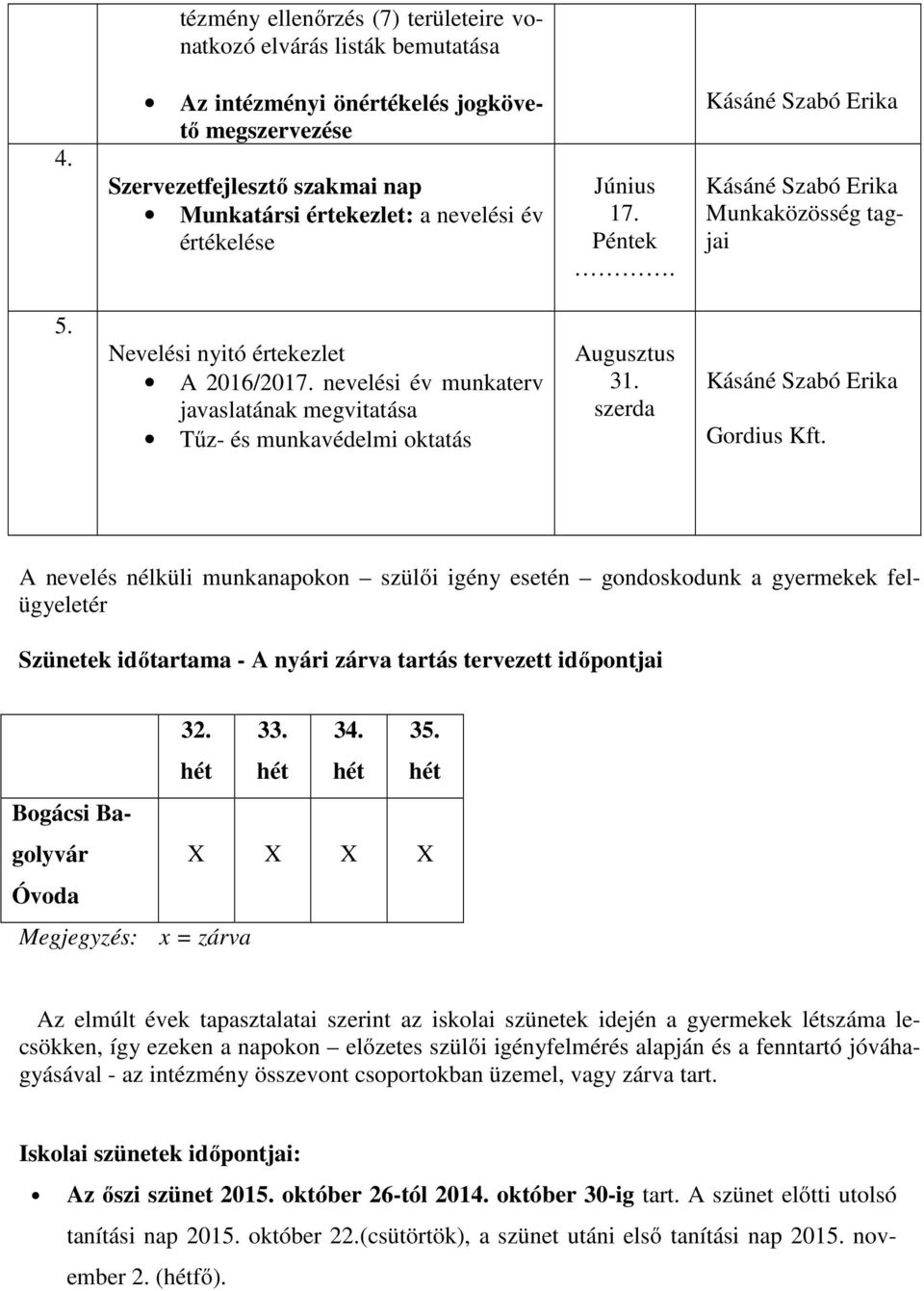 Kásáné Szabó Erika Kásáné Szabó Erika Munkaközösség tagjai 5. Nevelési nyitó értekezlet A 2016/2017. nevelési év munkaterv javaslatának megvitatása Tűz- és munkavédelmi oktatás Augusztus 31.