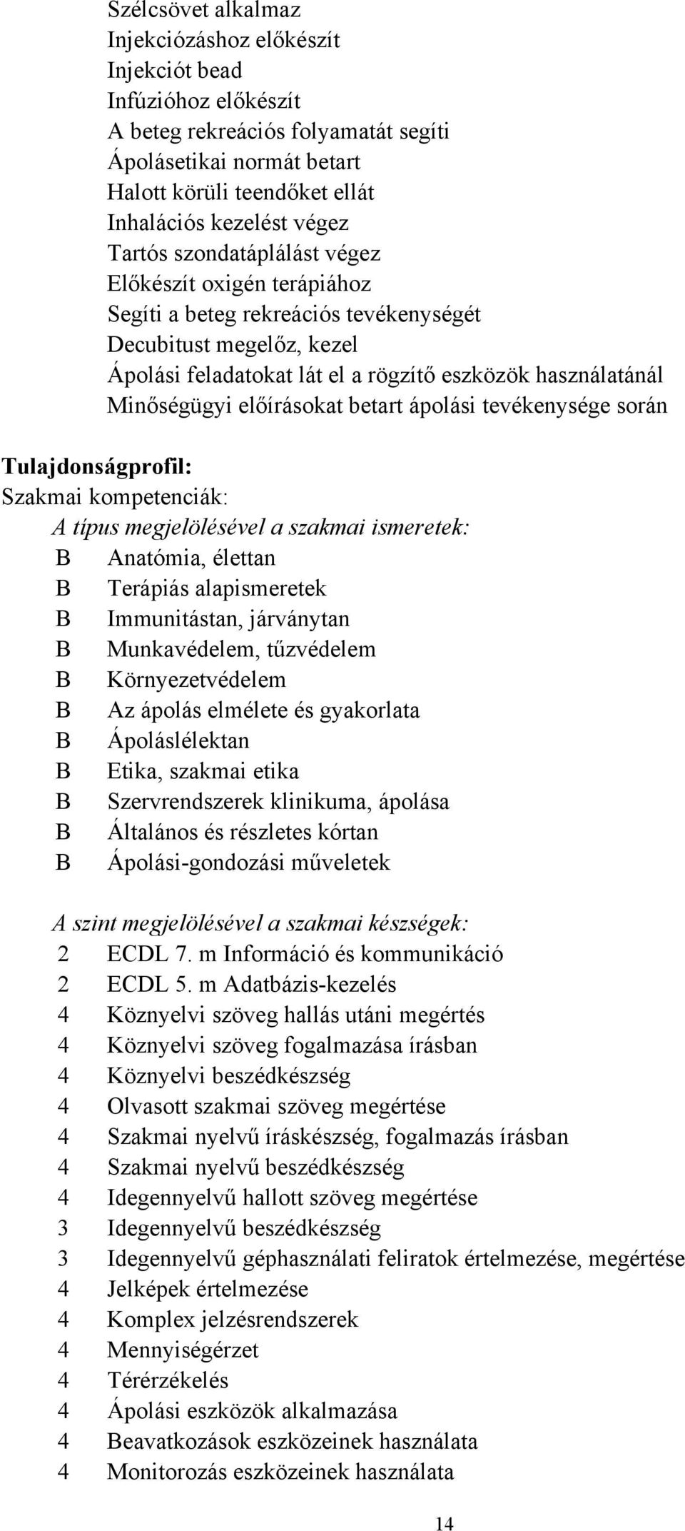 Minőségügyi előírásokat betart ápolási tevékenysége során Tulajdonságprofil: Szakmai kompetenciák: A típus megjelölésével a szakmai ismeretek: B Anatómia, élettan B Terápiás alapismeretek B