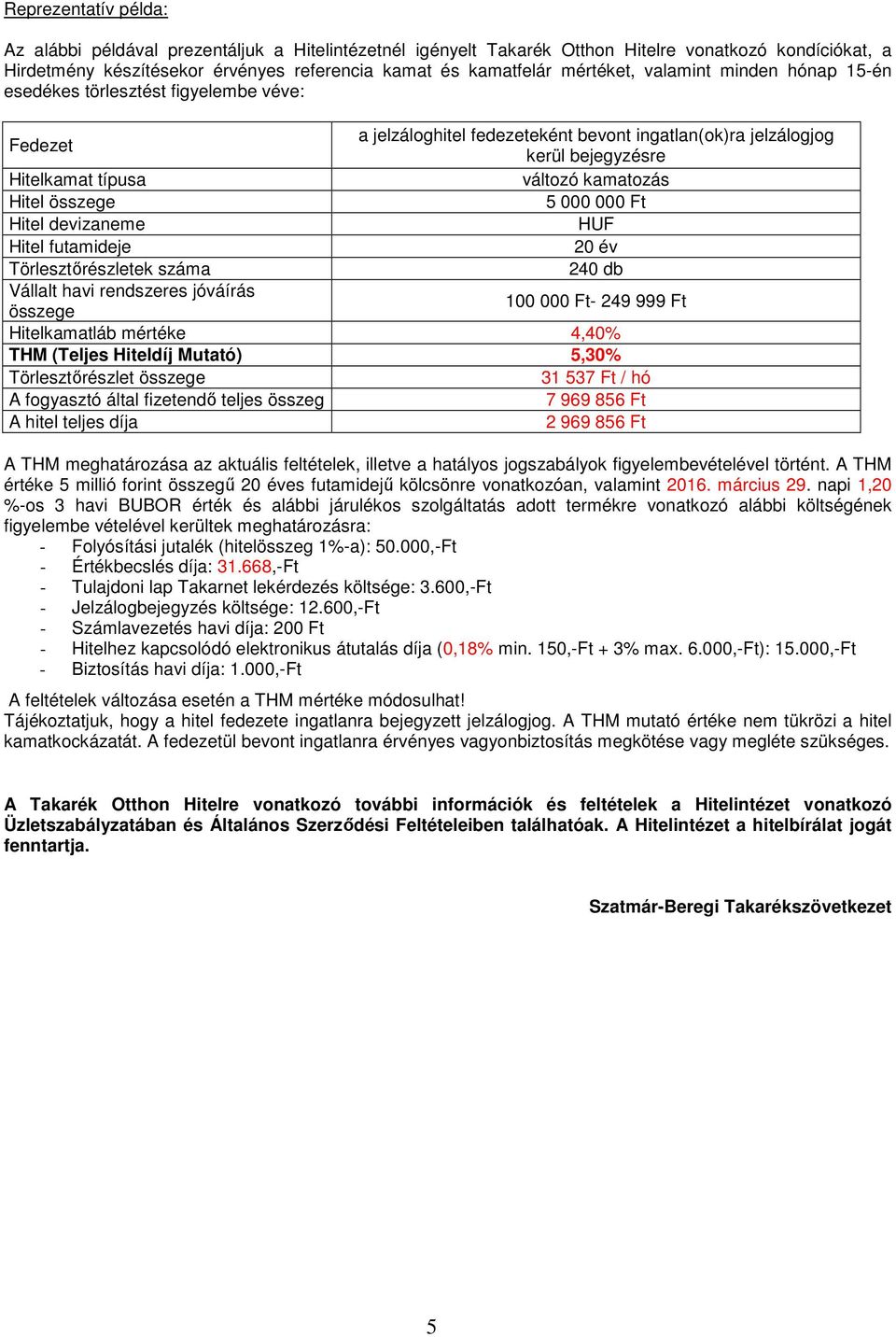 Hitel összege 5 000 000 Ft Hitel devizaneme HUF Hitel futamideje 20 év Törlesztőrészletek száma 240 db Vállalt havi rendszeres jóváírás összege 100 000 Ft- 249 999 Ft Hitelkamatláb mértéke 4,40% THM