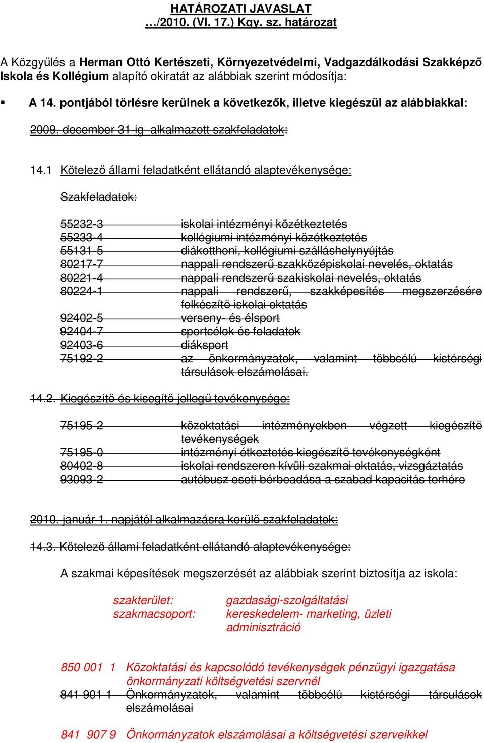 pontjából törlésre kerülnek a következők, illetve kiegészül az alábbiakkal: 2009. december 31-ig alkalmazott szakfeladatok: 14.