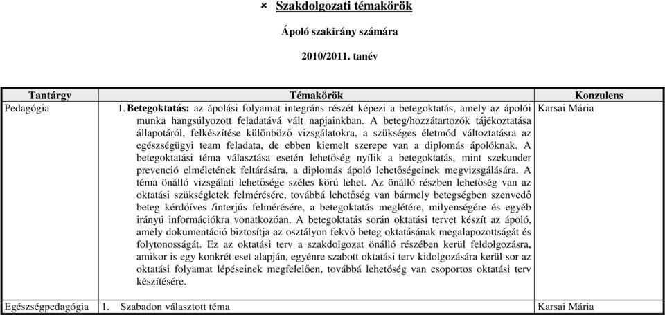 A beteg/hozzátartozók tájékoztatása állapotáról, felkészítése különbözı vizsgálatokra, a szükséges életmód változtatásra az egészségügyi team feladata, de ebben kiemelt szerepe van a diplomás