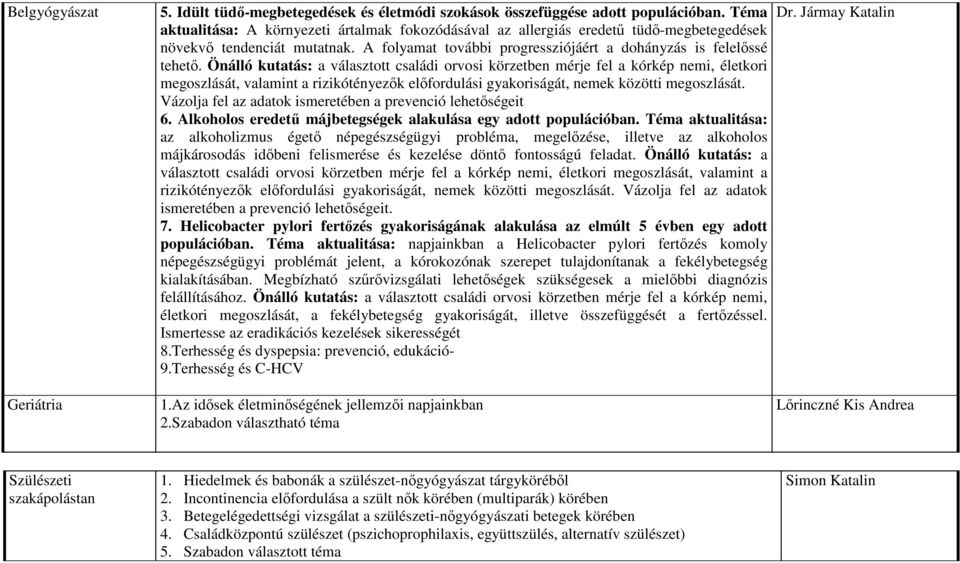 Önálló kutatás: a választott családi orvosi körzetben mérje fel a kórkép nemi, életkori megoszlását, valamint a rizikótényezık elıfordulási gyakoriságát, nemek közötti megoszlását.