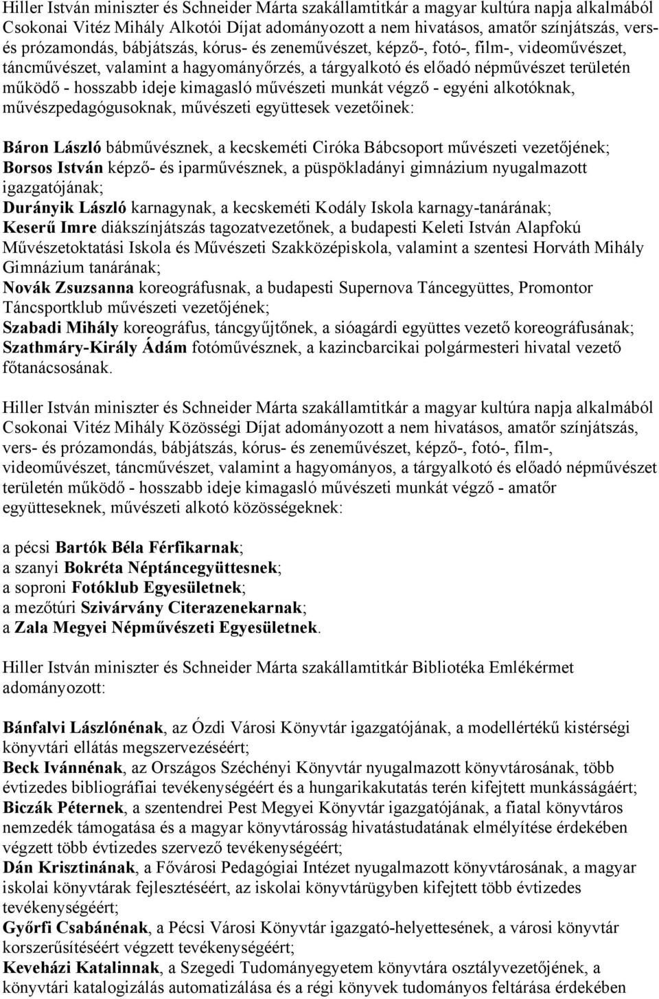 művészeti munkát végző - egyéni alkotóknak, művészpedagógusoknak, művészeti együttesek vezetőinek: Báron László bábművésznek, a kecskeméti Ciróka Bábcsoport művészeti vezetőjének; Borsos István