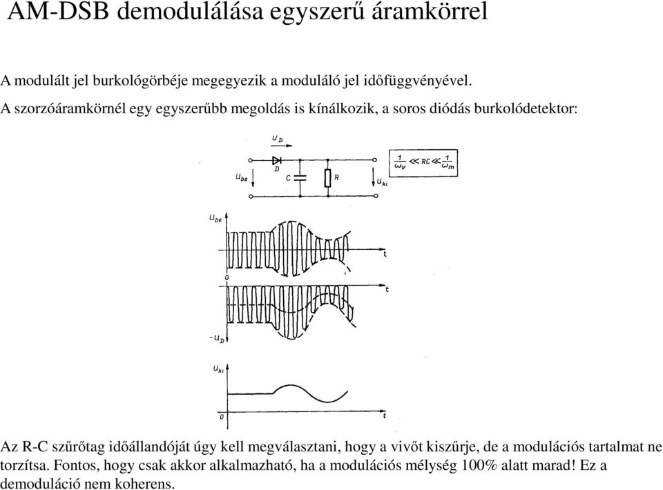 A szorzóáramkörnél egy egyszerűbb megoldás is kínálkozik, a soros diódás burkolódetektor: Az R-C szűrőtag