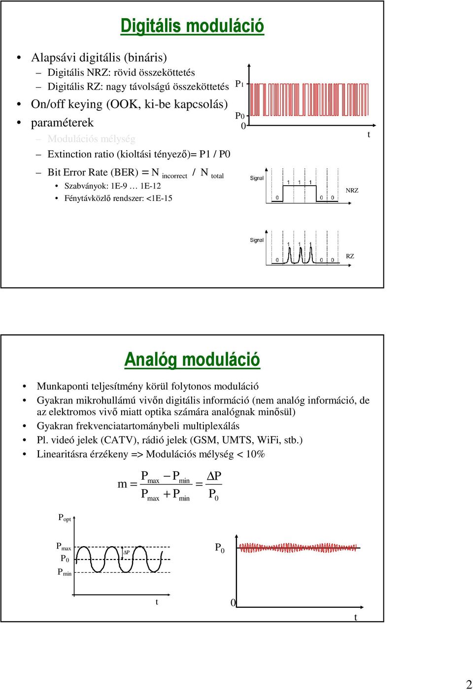 teljesítmény körül folytonos moduláció Gyakran mikrohullámú vivőn digitális információ (nem analóg információ, de az elektromos vivő miatt optika számára analógnak minősül) Gyakran