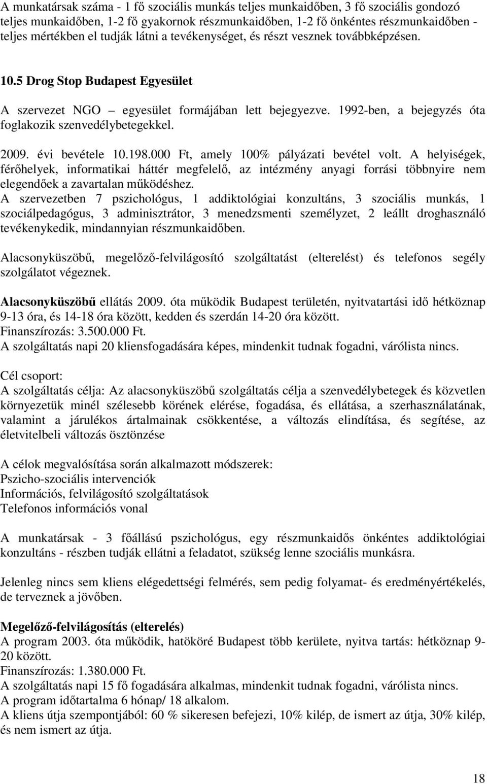 1992-ben, a bejegyzés óta foglakozik szenvedélybetegekkel. 2009. évi bevétele 10.198.000 Ft, amely 100% pályázati bevétel volt.