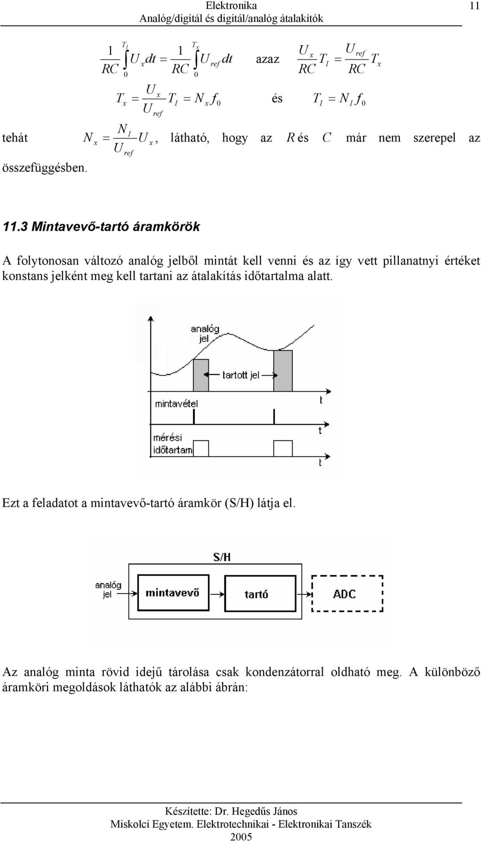 3 Mintavevő-tartó áramkörök A folytonosan változó analóg jelből mintát kell venni és az így vett pillanatnyi értéket konstans