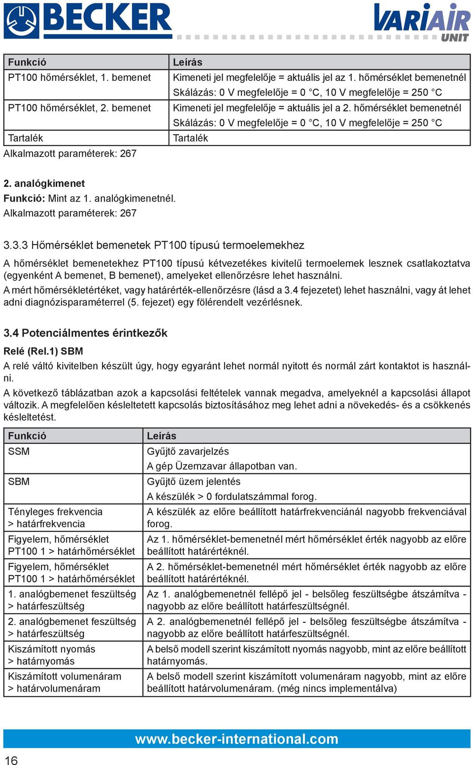 hőmérséklet bemenetnél Skálázás: 0 V megfelelője = 0 C, 10 V megfelelője = 250 C Tartalék 2. analógkimenet Funkció: Mint az 1. analógkimenetnél. Alkalmazott paraméterek: 267 3.