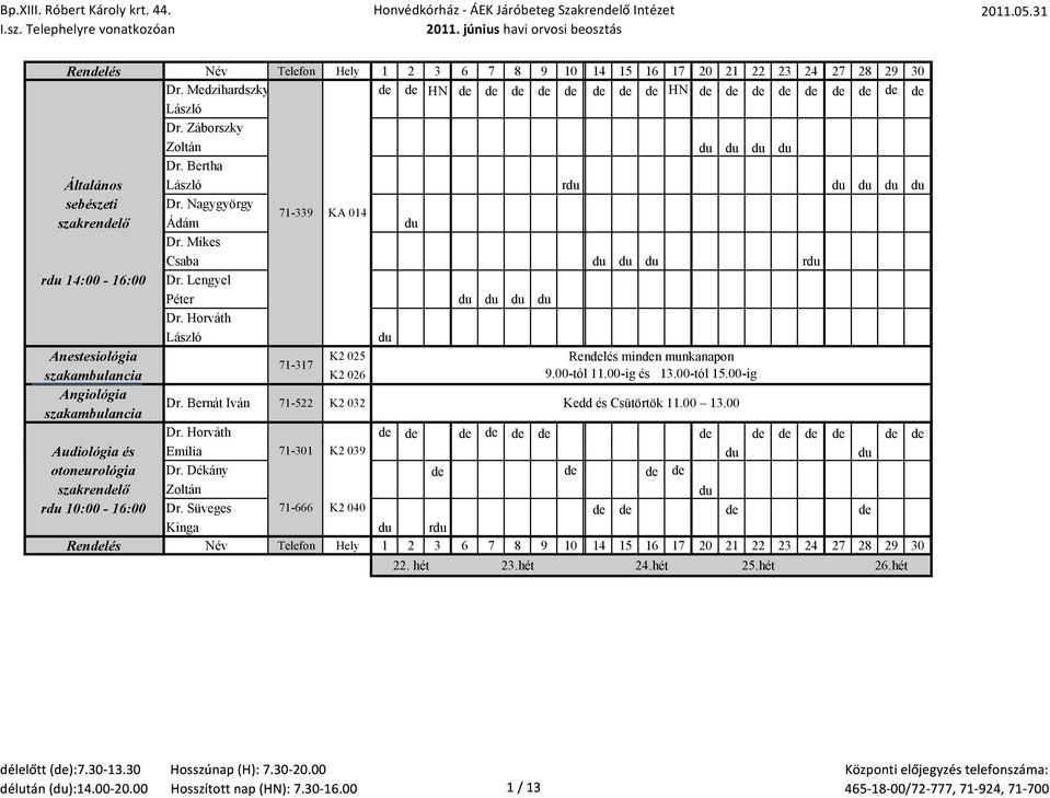 00-tól 11.00-ig és 13.00-tól 15.00-ig Angiológia szakambulancia Dr. Bernát Iván 71-522 K2 032 Kedd és Csütörtök 11.00 13.00 Dr.