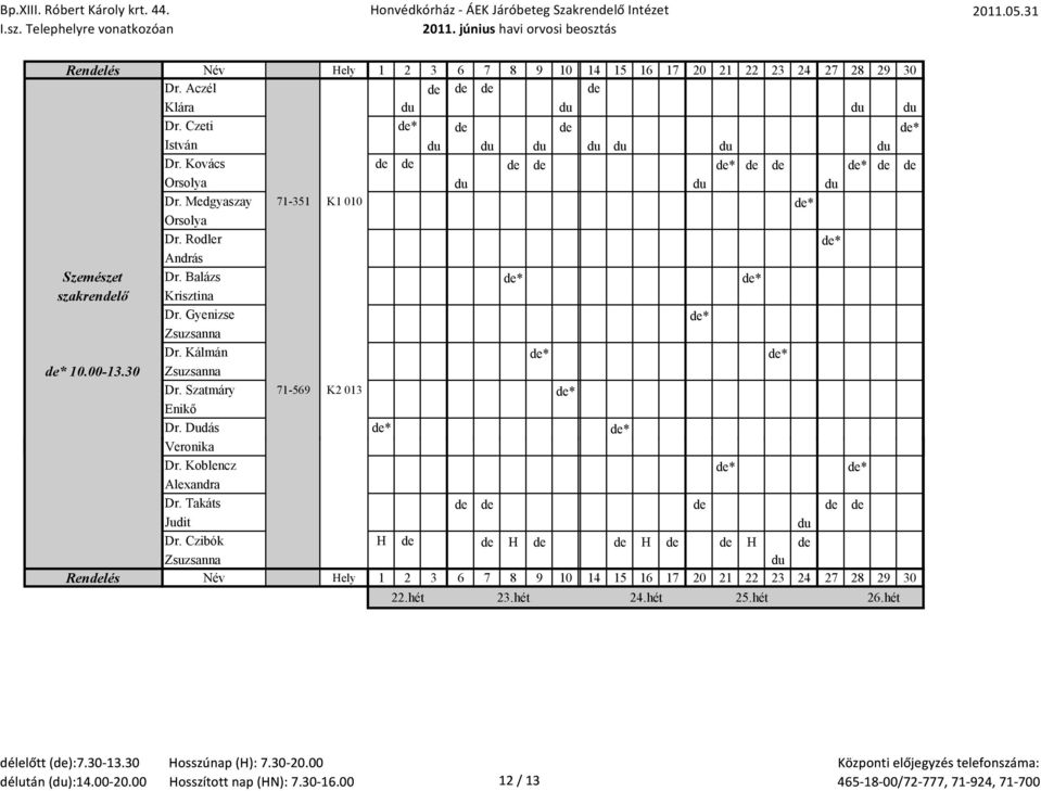 Gyenizse de* Zsuzsanna Dr. Kálmán de* de* de* 10.00-13.30 Zsuzsanna Dr. Szatmáry 71-569 K2 013 de* Enikő Dr. Dudás de* de* Veronika Dr. Koblencz de* de* Alexandra Dr.