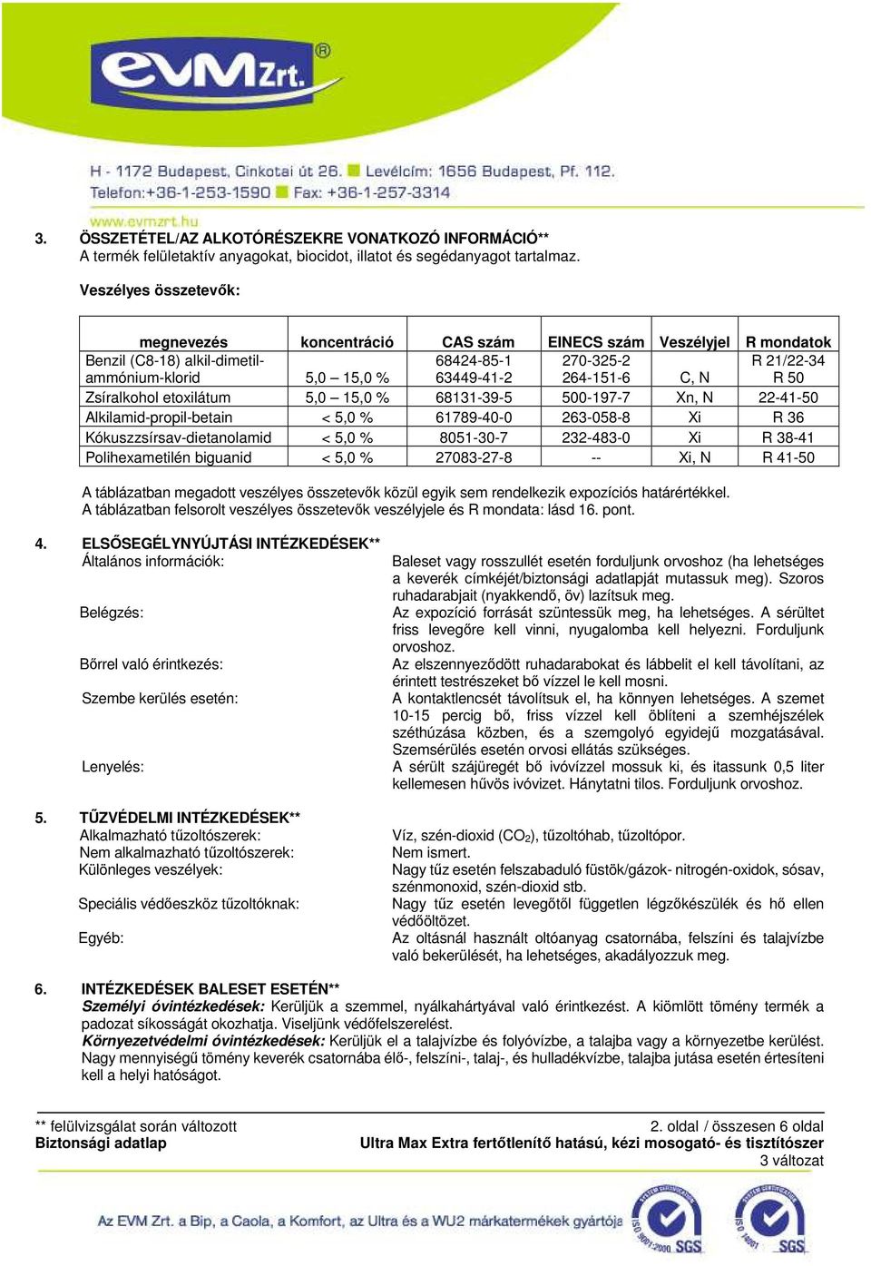 21/22-34 R 50 Zsíralkohol etoxilátum 5,0 15,0 % 68131-39-5 500-197-7 Xn, N 22-41-50 Alkilamid-propil-betain < 5,0 % 61789-40-0 263-058-8 Xi R 36 Kókuszzsírsav-dietanolamid < 5,0 % 8051-30-7 232-483-0