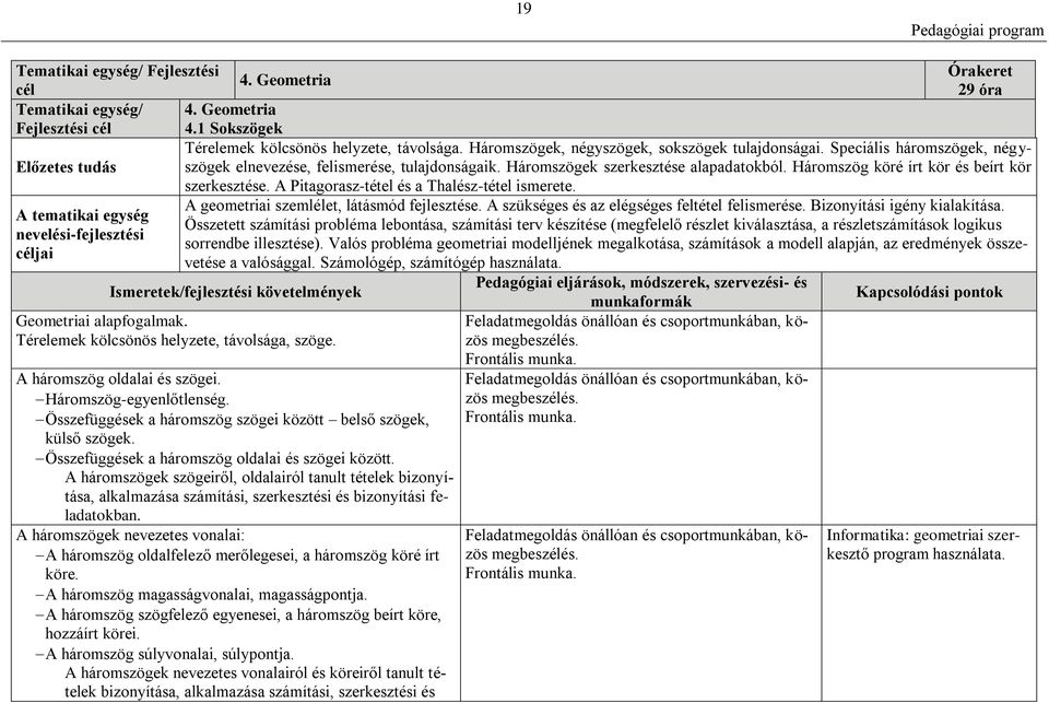 Speciális háromszögek, négyszögek elnevezése, felismerése, tulajdonságaik. Háromszögek szerkesztése alapadatokból. Háromszög köré írt kör és beírt kör szerkesztése.