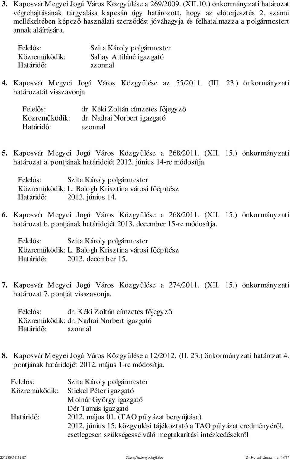 ) önkormányzati határozatát visszavonja dr. Kéki Zoltán címzetes főjegyző dr. Nadrai Norbert igazgató 5. Kaposvár Megyei Jogú Város Közgyűlése a 268/2011. (XII. 15.) önkormányzati határozat a.