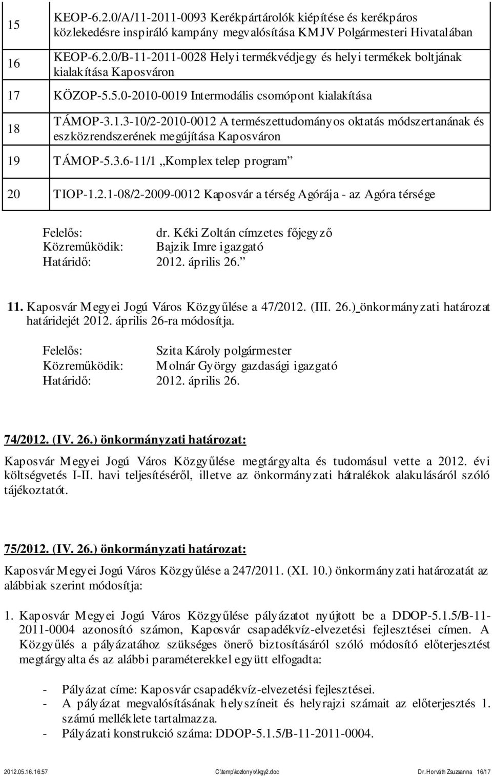 2.1-08/2-2009-0012 Kaposvár a térség Agórája - az Agóra térsége dr. Kéki Zoltán címzetes főjegyző Bajzik Imre igazgató 2012. április 26. 11. Kaposvár Megyei Jogú Város Közgyűlése a 47/2012. (III. 26.) önkormányzati határozat határidejét 2012.