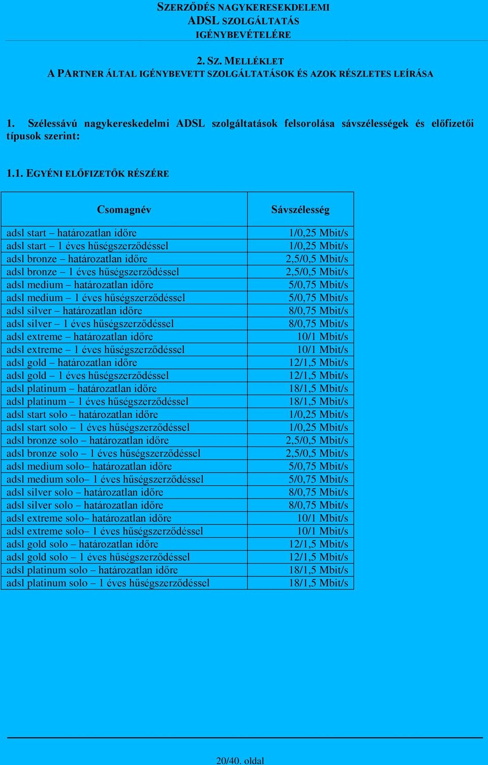 1. EGYÉNI ELŐFIZETŐK RÉSZÉRE Csomagnév adsl start adsl start 1 éves adsl bronze adsl bronze 1 éves adsl medium adsl medium 1 éves adsl silver adsl silver 1 éves adsl extreme adsl extreme 1 éves adsl