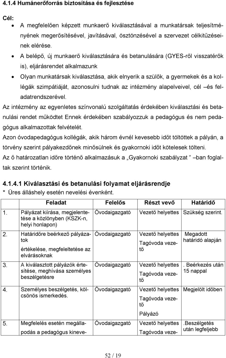 A belépő, új munkaerő kiválasztására és betanulására (GYES-ről visszatérők is), eljárásrendet alkalmazunk Olyan munkatársak kiválasztása, akik elnyerik a szülők, a gyermekek és a kollégák
