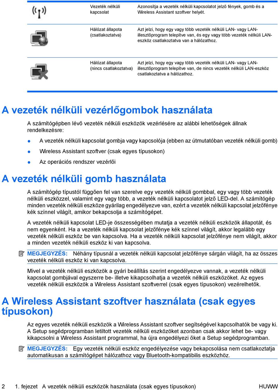 Hálózat állapota (nincs csatlakoztatva) Azt jelzi, hogy egy vagy több vezeték nélküli LAN- vagy LANillesztőprogram telepítve van, de nincs vezeték nélküli LAN-eszköz csatlakoztatva a hálózathoz.