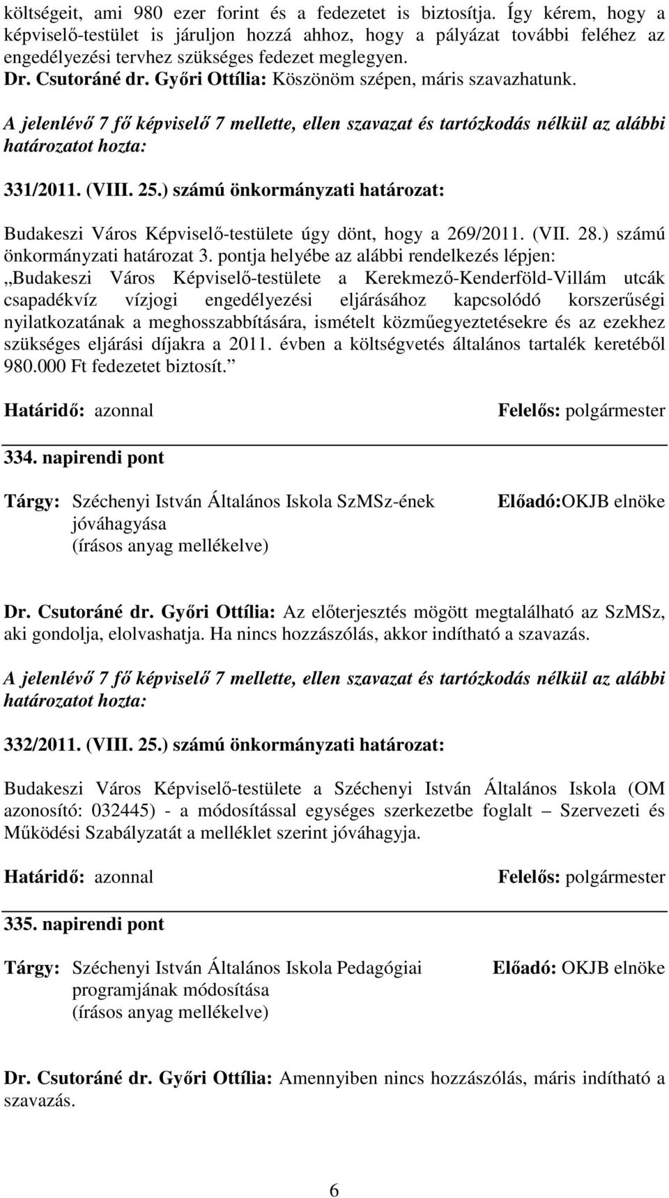 Gyıri Ottília: Köszönöm szépen, máris szavazhatunk. A jelenlévı 7 fı képviselı 7 mellette, ellen szavazat és tartózkodás nélkül az alábbi 331/2011. (VIII. 25.