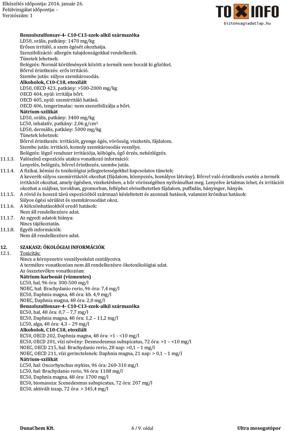 LD50, OECD 423, patkány: >500-2000 mg/kg OECD 404, nyúl: irritálja bőrt. OECD 405, nyúl: szemirritáló hatású. OECD 406, tengerimalac: nem szenzibilizálja a bőrt.