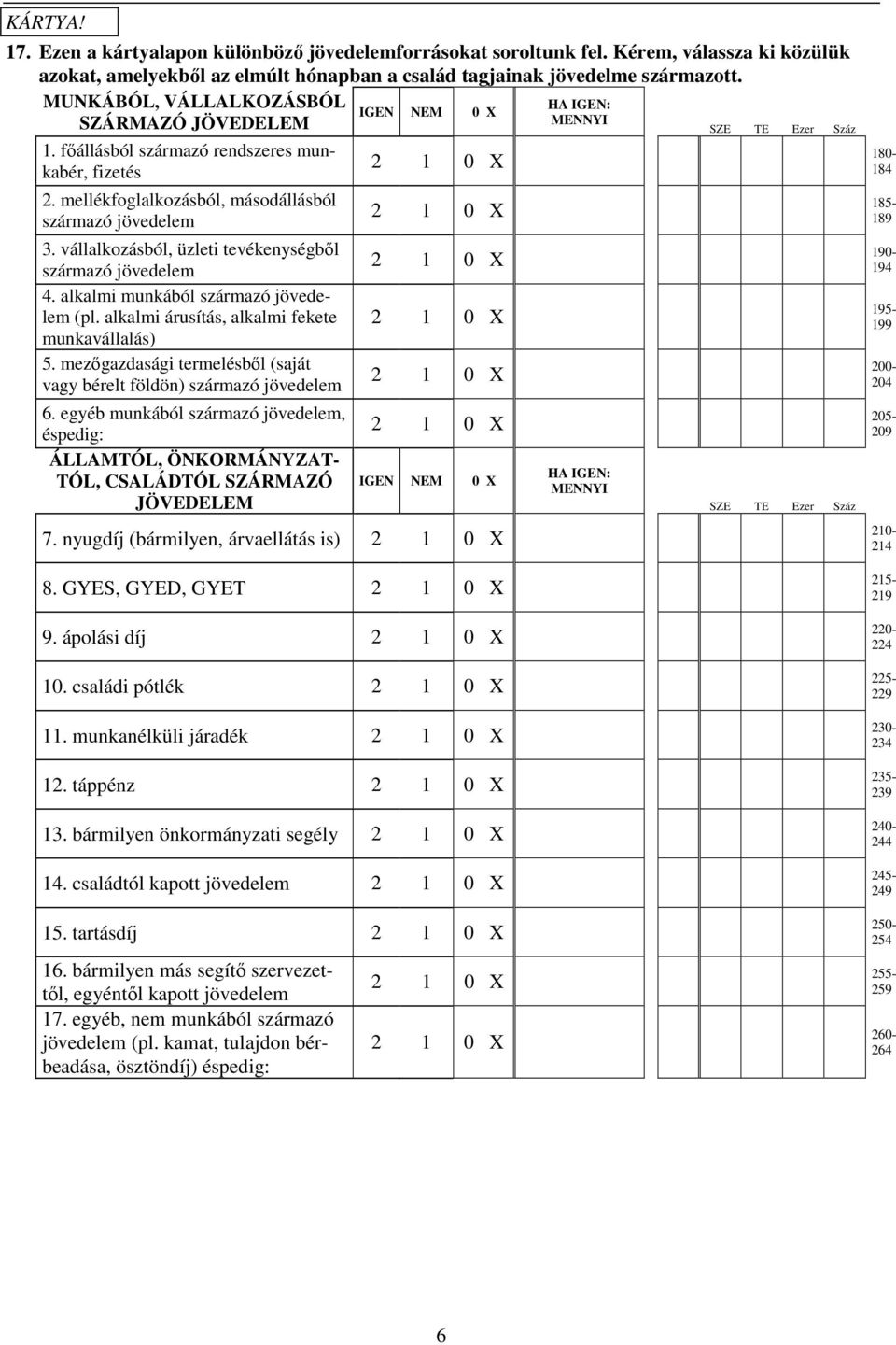 vállalkozásból, üzleti tevékenységbıl származó jövedelem 4. alkalmi munkából származó jövedelem (pl. alkalmi árusítás, alkalmi fekete munkavállalás) 5.