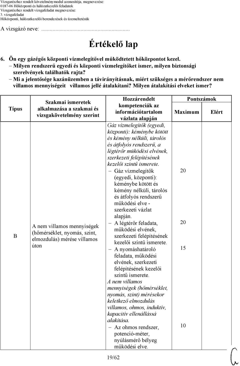 Típus B Szakmai ismeretek alkalmazása a szakmai és vizsgakövetelmény szerint A nem villamos mennyiségek (hőmérséklet, nyomás, szint, elmozdulás) mérése villamos úton Hozzárendelt kompetenciák az