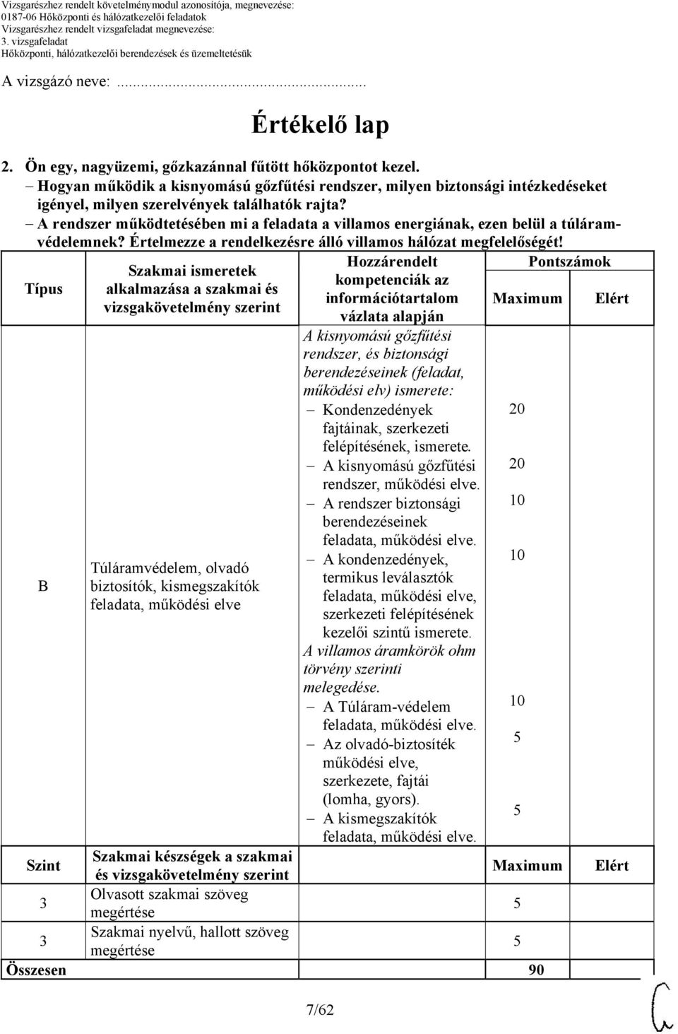 Típus B Szakmai ismeretek alkalmazása a szakmai és vizsgakövetelmény szerint Túláramvédelem, olvadó biztosítók, kismegszakítók feladata, működési elve 7/62 Hozzárendelt kompetenciák az