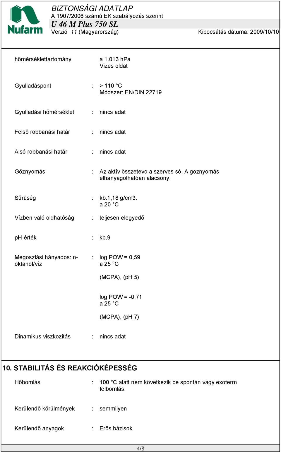 Gőznyomás : Az aktív összetevo a szerves só. A goznyomás elhanyagolhatóan alacsony. Sűrűség : kb.1,18 g/cm3. a 20 C Vízben való oldhatóság : teljesen elegyedő ph-érték : kb.