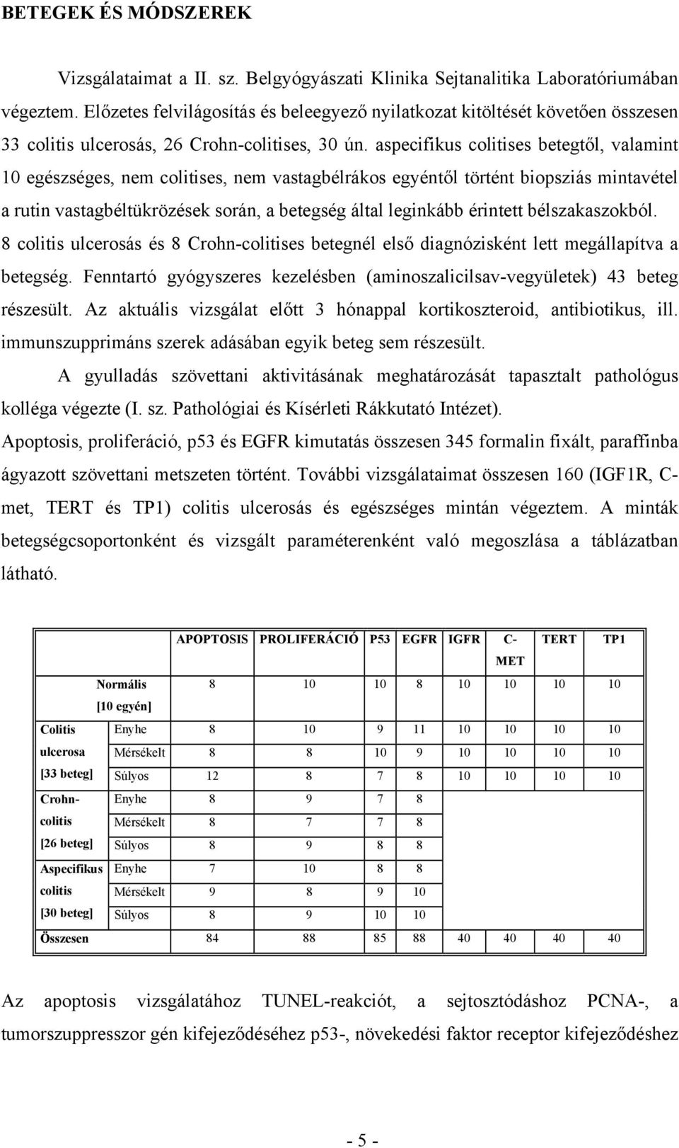 aspecifikus colitises betegtől, valamint 10 egészséges, nem colitises, nem vastagbélrákos egyéntől történt biopsziás mintavétel a rutin vastagbéltükrözések során, a betegség által leginkább érintett