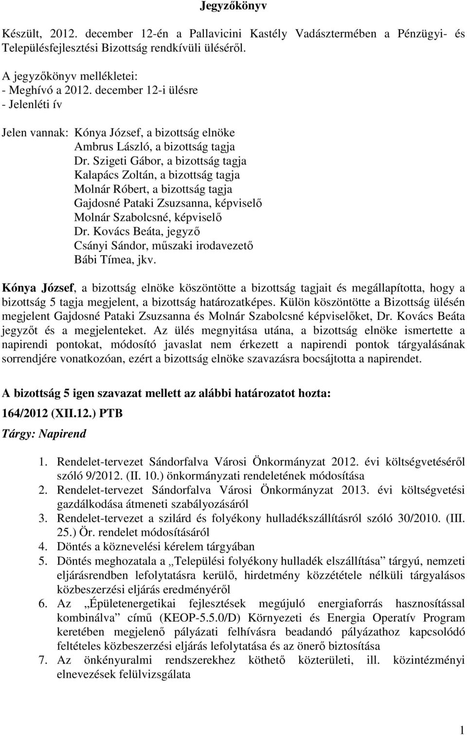 Szigeti Gábor, a bizottság tagja Kalapács Zoltán, a bizottság tagja Molnár Róbert, a bizottság tagja Gajdosné Pataki Zsuzsanna, képviselı Molnár Szabolcsné, képviselı Dr.