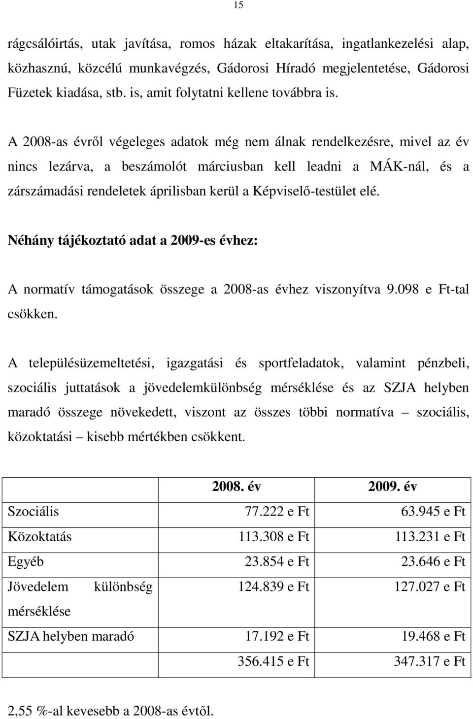 A 2008-as évrıl végeleges adatok még nem álnak rendelkezésre, mivel az év nincs lezárva, a beszámolót márciusban kell leadni a MÁK-nál, és a zárszámadási rendeletek áprilisban kerül a