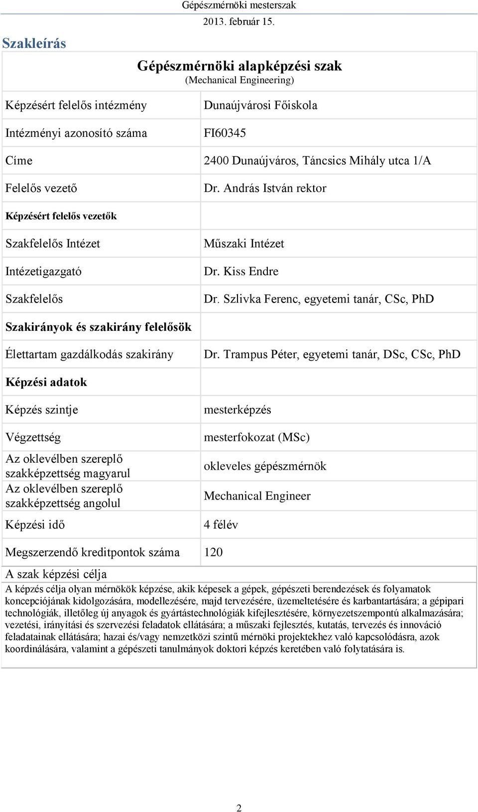 Szlivka Ferenc, egyetemi tanár, CSc, PhD Szakirányok és szakirány felelősök Élettartam gazdálkodás szakirány Dr.