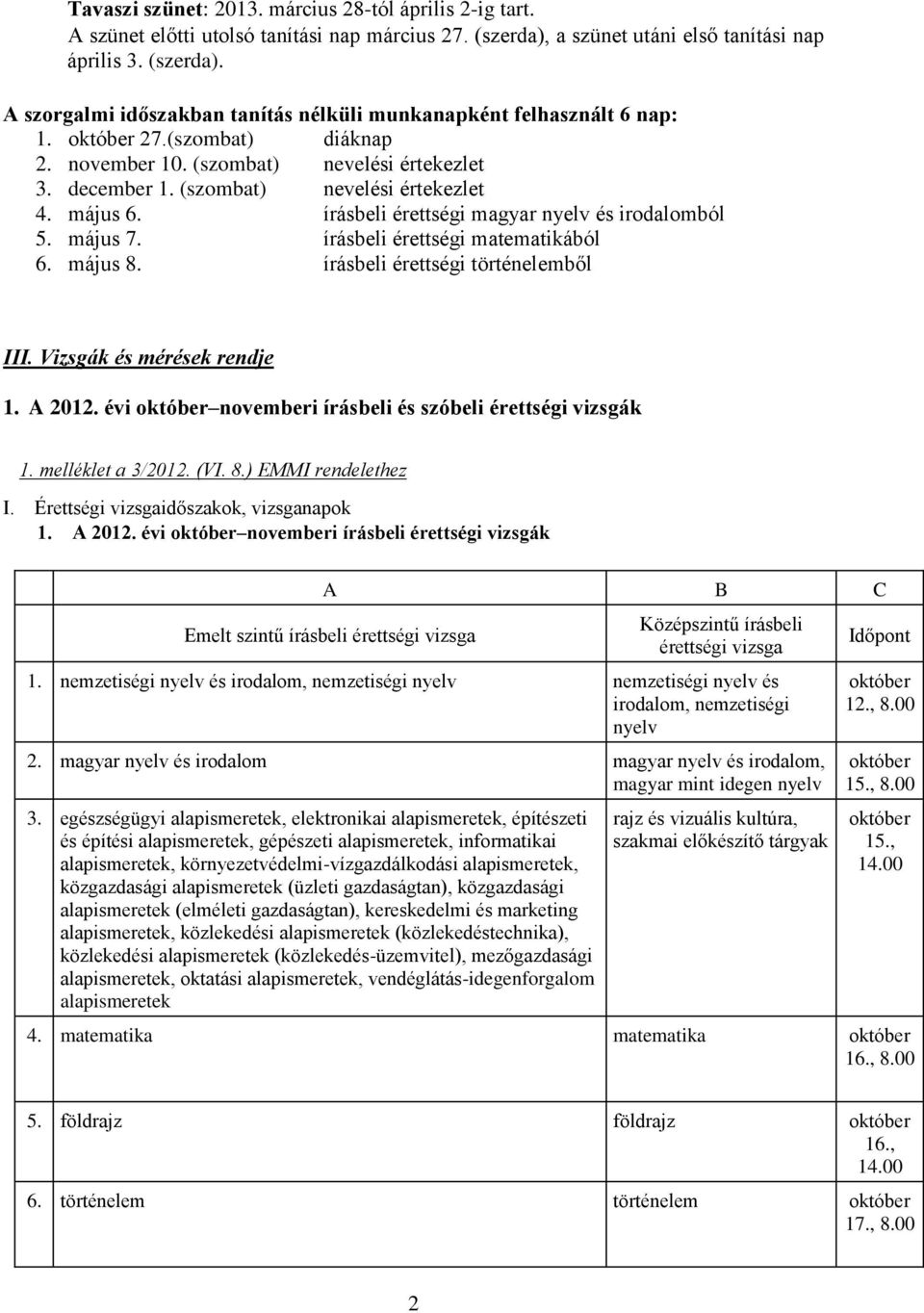 írásbeli érettségi matematikából 6. 8. írásbeli érettségi történelemből III. Vizsgák és mérések rendje 1. A 2012. évi novemberi írásbeli és szóbeli érettségi vizsgák 1. melléklet a 3/2012. (VI. 8.) EMMI rendelethez I.