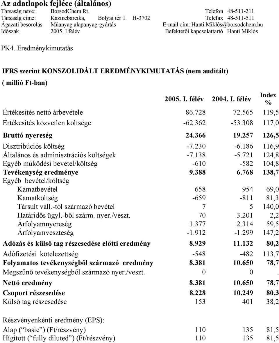 Eredménykimutatás IFRS szerint KONSZOLIDÁLT EREDMÉNYKIMUTATÁS (nem auditált) ( millió Ft-ban) 2005. I. félév 2004. I. félév Index % Értékesítés nettó árbevétele 86.728 72.