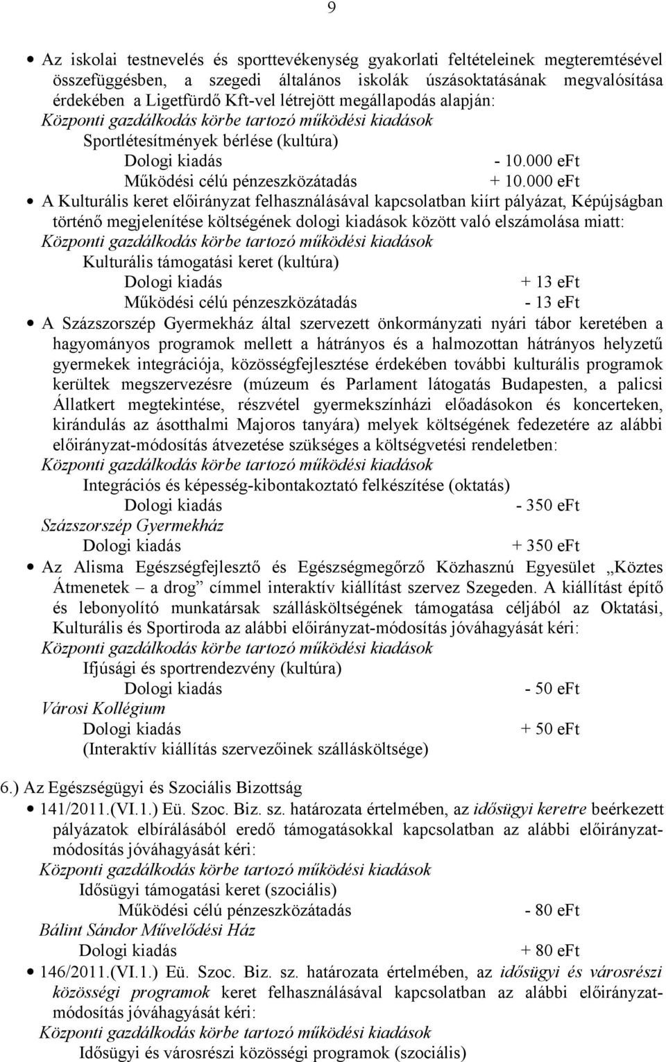 000 eft A Kulturális keret előirányzat felhasználásával kapcsolatban kiírt pályázat, Képújságban történő megjelenítése költségének dologi kiadások között való elszámolása miatt: Kulturális támogatási