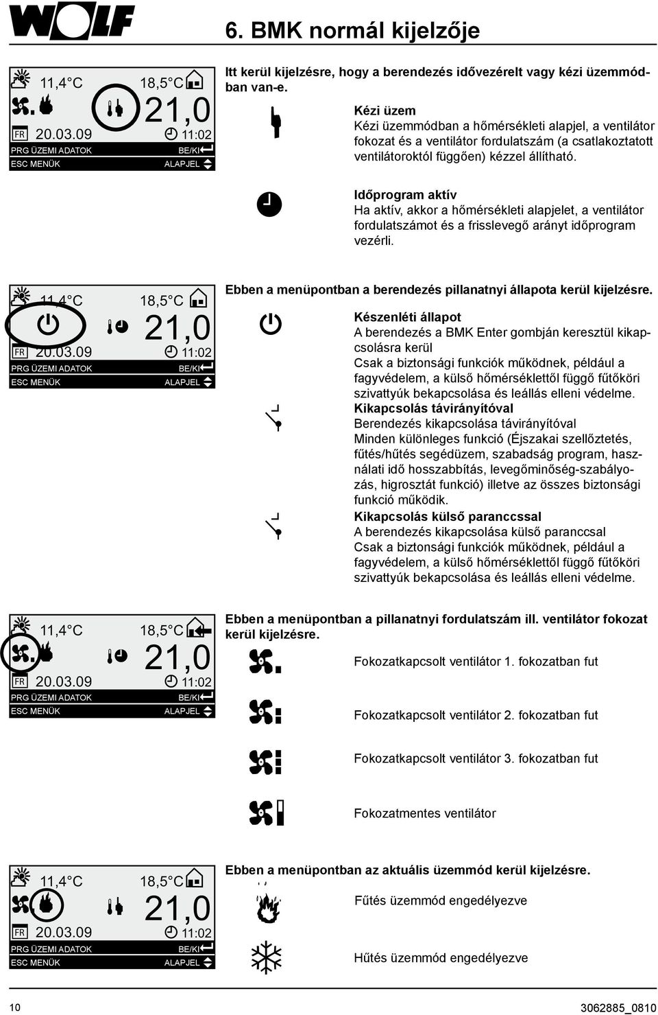 Időprogram aktív Ha aktív, akkor a hőmérsékleti alapjelet, a ventilátor fordulatszámot és a frisslevegő arányt időprogram vezérli. 11,4 C 18,5 C 21,0 FR 20.03.