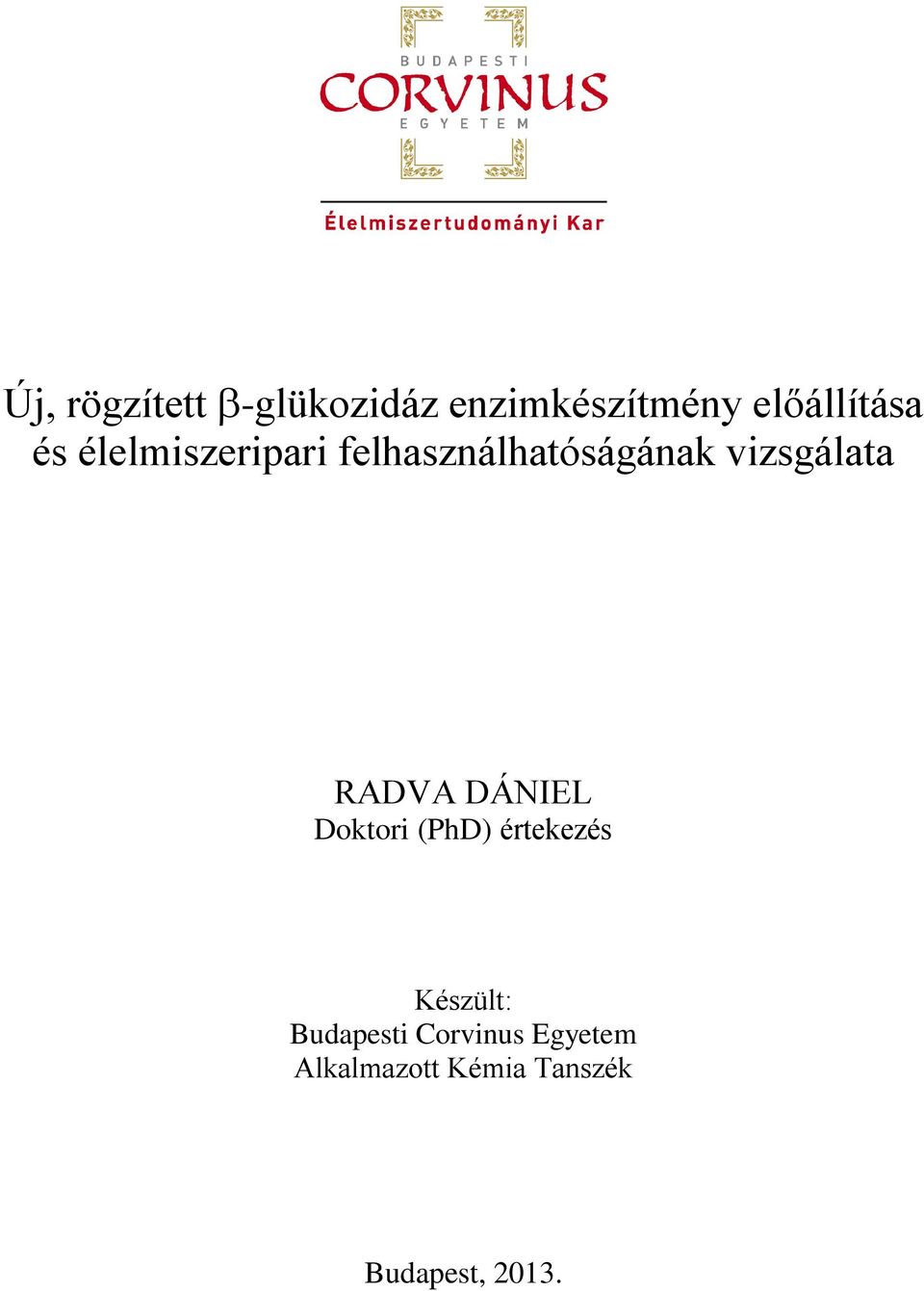 RADVA DÁNIEL Doktori (PhD) értekezés Készült: