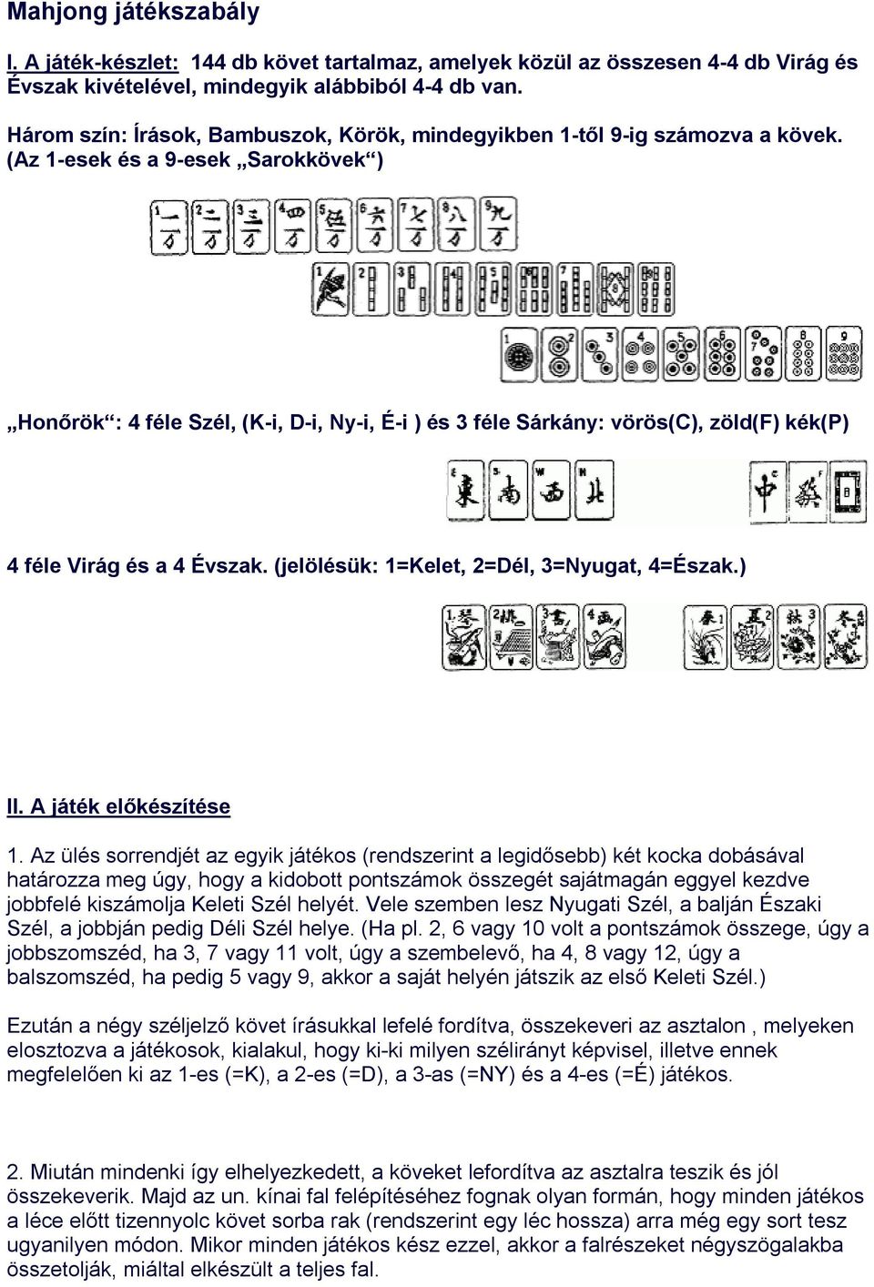 (Az 1-esek és a 9-esek Sarokkövek ) Honőrök : 4 féle Szél, (K-i, D-i, Ny-i, É-i ) és 3 féle Sárkány: vörös(c), zöld(f) kék(p) 4 féle Virág és a 4 Évszak. (jelölésük: 1=Kelet, 2=Dél, 3=Nyugat, 4=Észak.